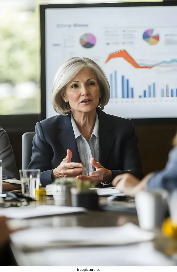 Businesswoman Leading Meeting with Charts and Graphs on Screen