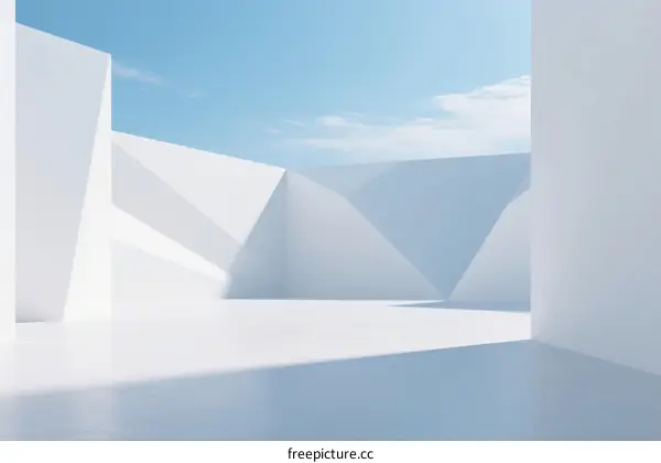 Minimalist White Geometric Architecture with Clear Blue Sky