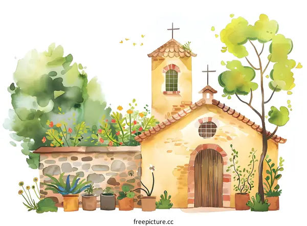 Watercolor Illustration of a Small Church with a Stone Wall and Green Trees