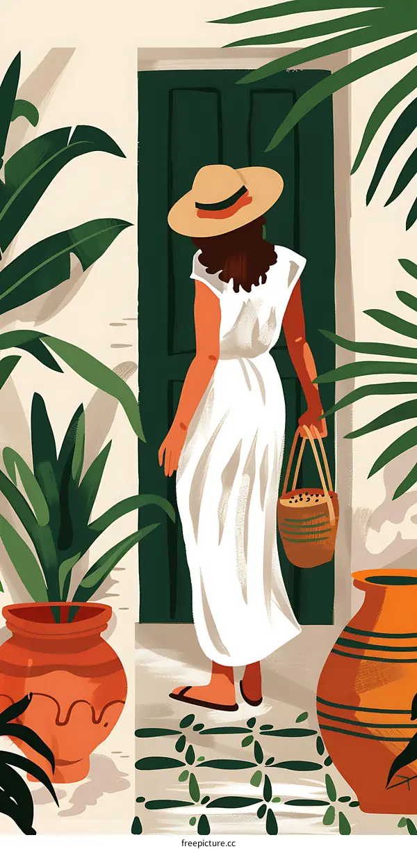 Woman in White Dress Leaving a Green Door