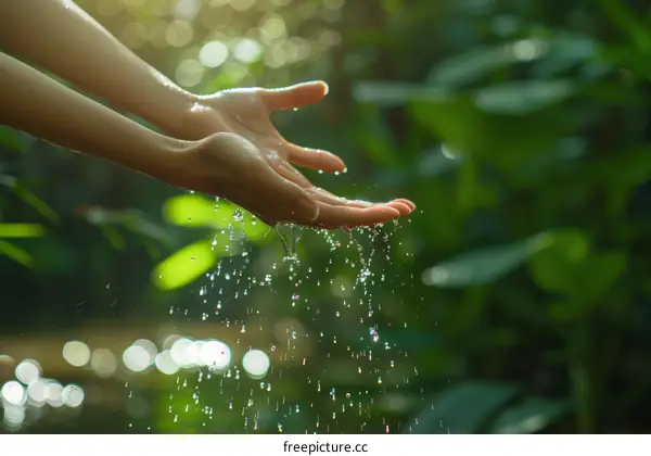 Water flowing through a woman's hands in a forest