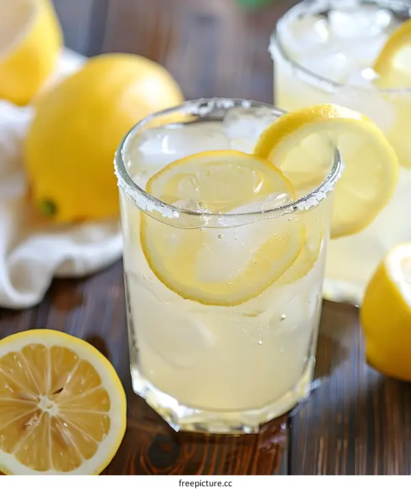 Glass of Lemonade with Lemon Slices and Ice