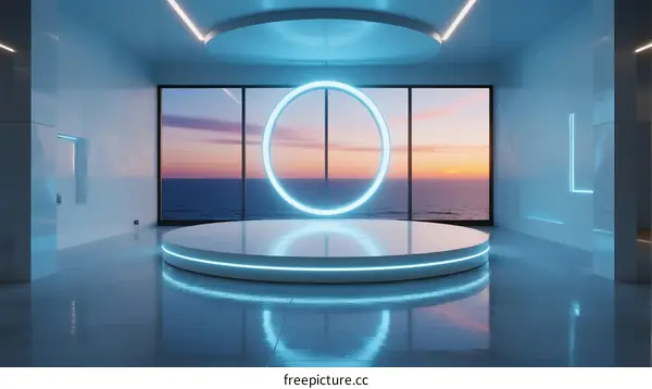 Futuristic White Room with Circular Neon Light and Ocean View