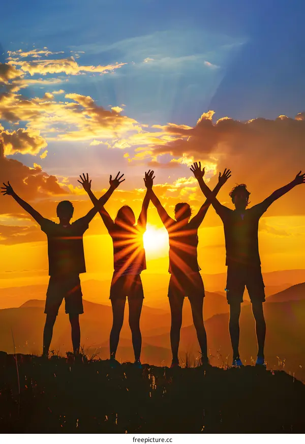 Silhouettes of Four People With Raised Arms at Sunset