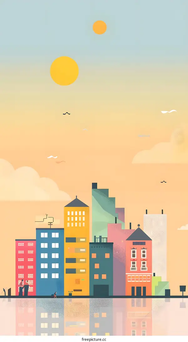 Colorful Cityscape with Buildings and Reflections