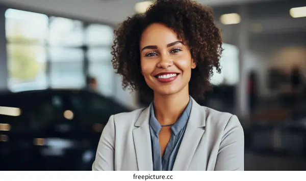 Portrait of a successful African American businesswoman smiling in a car dealership