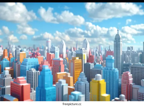 Vibrant City Skyline with Blue Sky and 3D Rendering