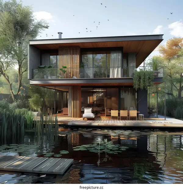 Modern lake house with large windows and a beautiful view