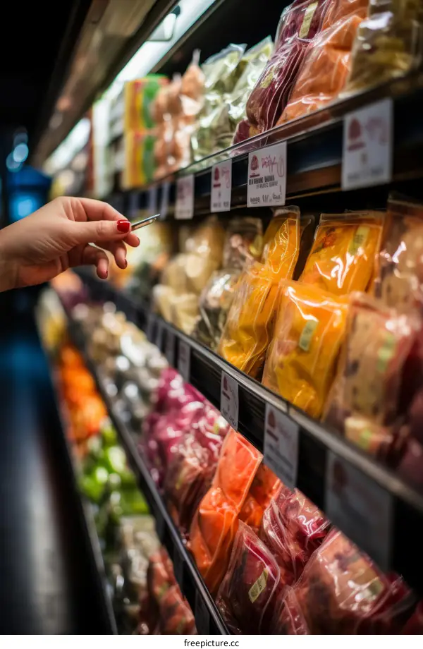 Close-up of a woman's hand holding a product in a grocery store