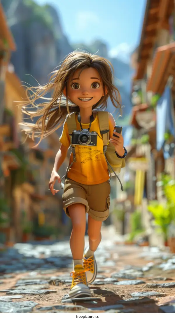 A cheerful girl with a camera running down a narrow street