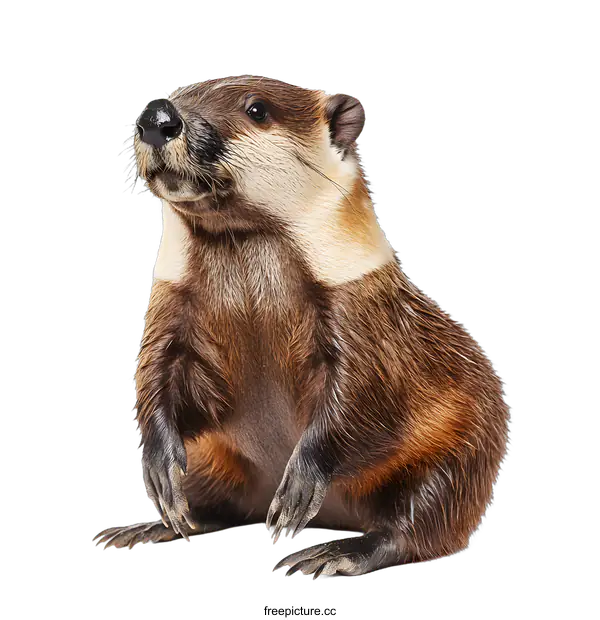 [Transparent Background PNG]Cute Brown and White Beaver Sitting on White Background