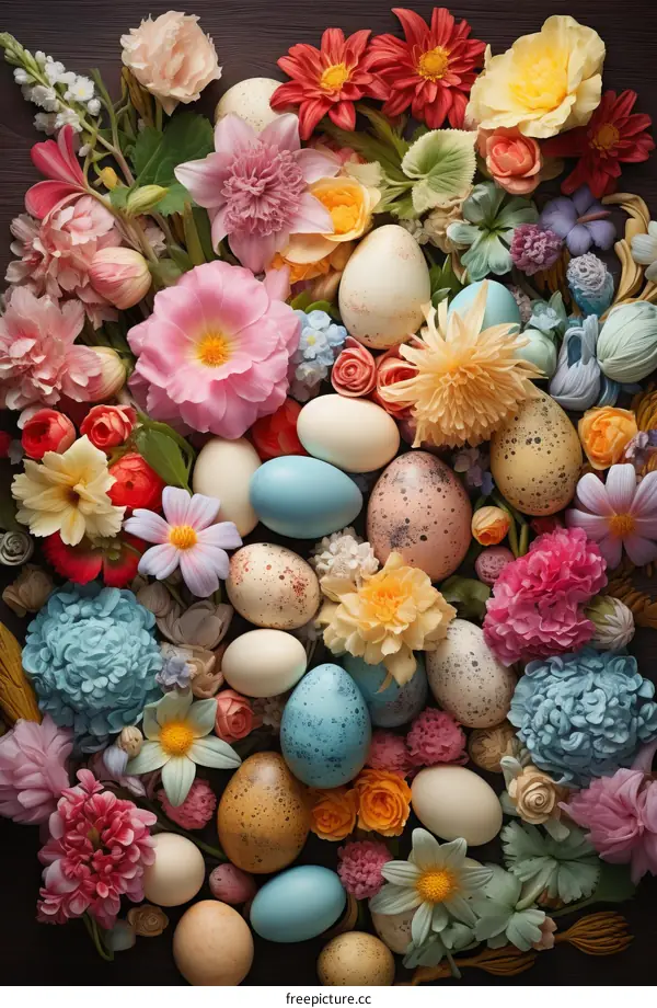 Colorful Easter eggs and flowers background