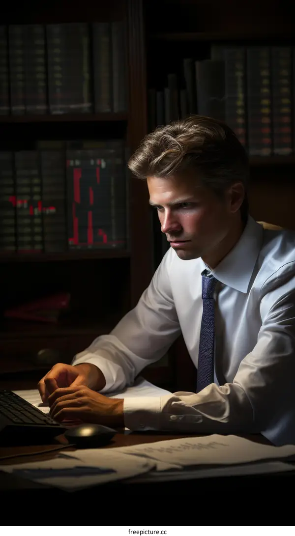 Young professional working late in his home office.