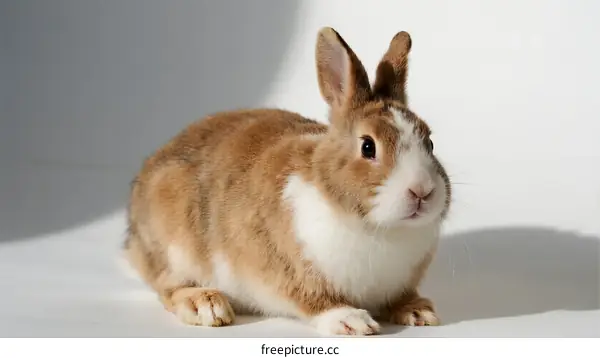 A Small Fluffy Rabbit with White and Brown Fur Posing Calmly