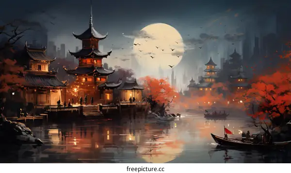 An oriental town with a river running through it and a full moon in the background