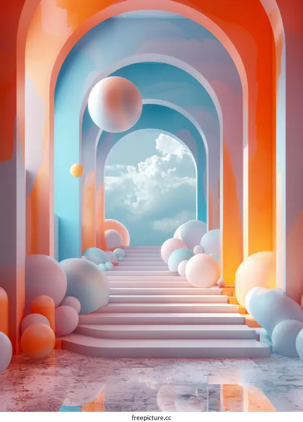3D rendering of a surreal hallway with arches and floating spheres