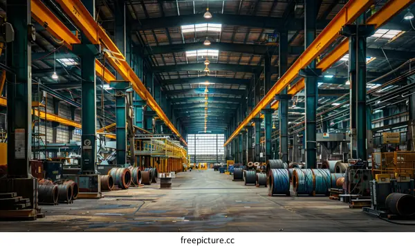 Large empty factory building with metal coils and machinery