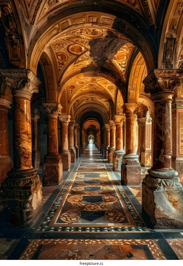 A Long Hallway with Arched Ceilings and Marble Columns