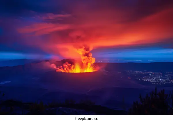Lava spewing out of a volcano crater at night