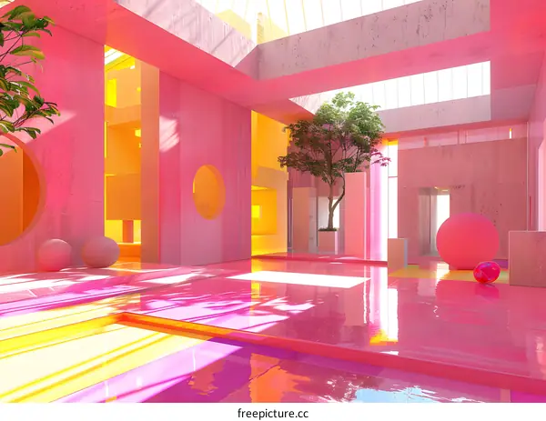 Minimalist Pink and Yellow Interior Design With a Reflective Floor and Geometric Shapes