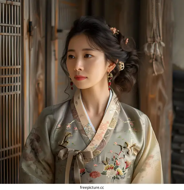 Portrait of a beautiful young Korean woman in traditional dress, or Hanbok