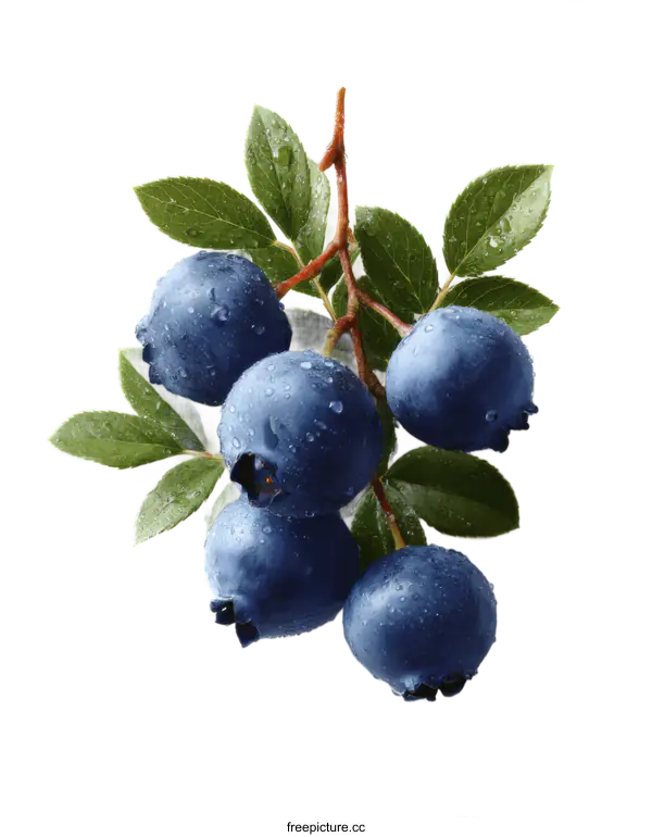 [Transparent Background PNG]Fresh Blueberries on Branch with Water Drops