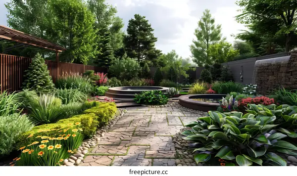 A Beautiful Garden with Stone Path, Pond and Waterfall