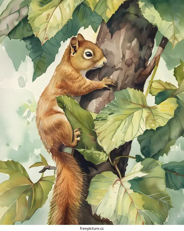 Watercolor Painting of a Squirrel on a Tree