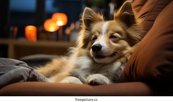 A cute dog is sitting on the couch and looking at the camera