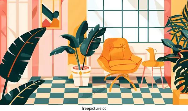 Modern Living Room With Tropical Plants and Checkered Floor