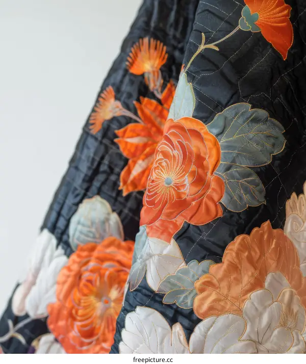 Close-up of a kimono with floral embroidery