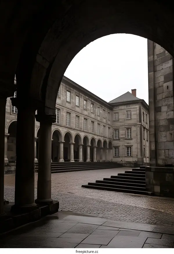 Stone Columns Archway Leading To Courtyard Of Historic Building
