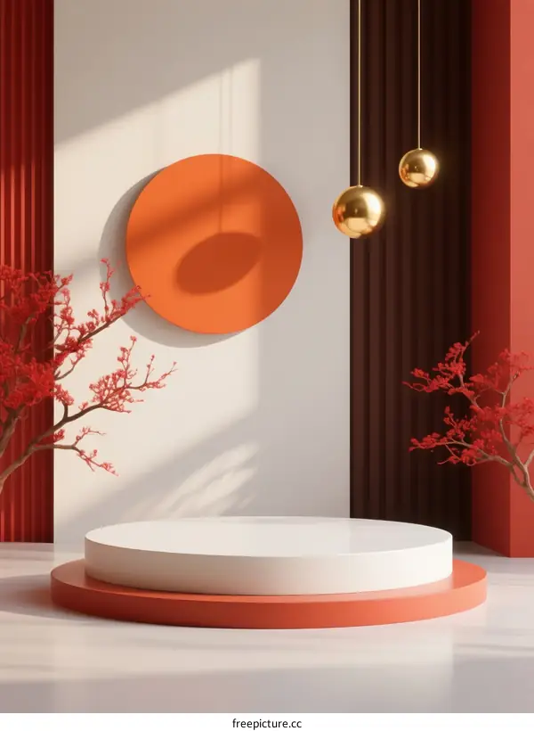 Minimalist White Podium with Red Decor and Hanging Lights in Room