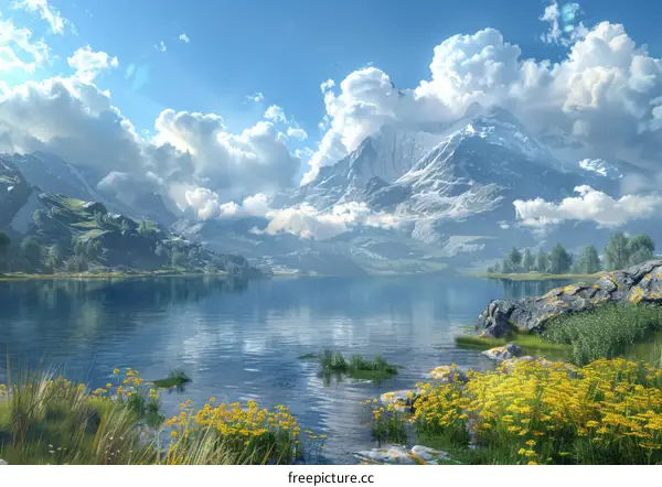 Fantasy Lake Surrounded by Majestic Mountains
