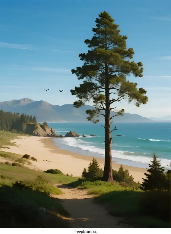 Tall evergreen tree standing on coastal sand with ocean view