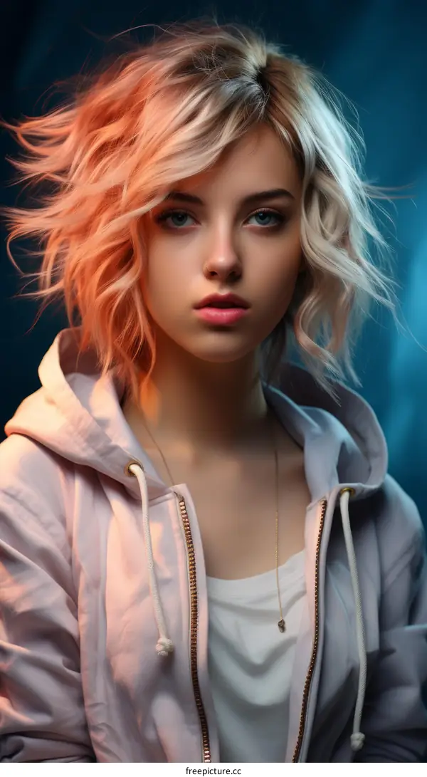 Portrait of a young woman with short blonde hair