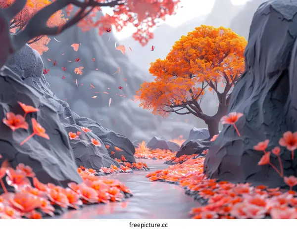 Autumnal Forest Illustration with Falling Leaves