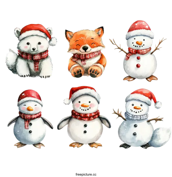 [Transparent Background PNG]Cute Watercolor Christmas Animals and Snowmen