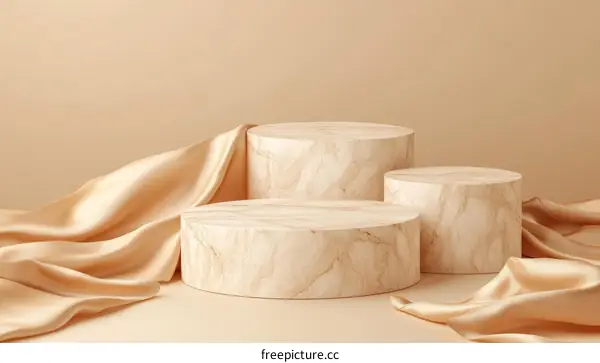 Beige Marble Product Display Platform with Silk Drape