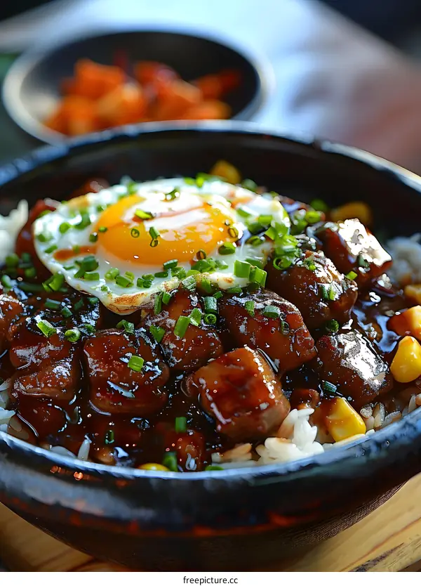 Beef and rice bowl with fried egg and corn