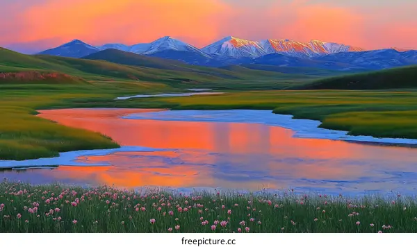 Colorful Mountain Valley Landscape at Sunset