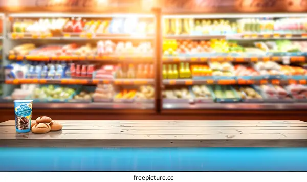 Wooden Table with Food Products and Drink Cup in a Supermarket Background