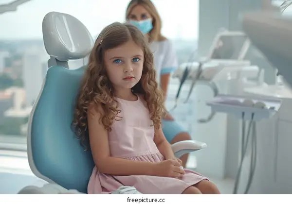 Little girl sitting in a dentist chair with a worried look on her face