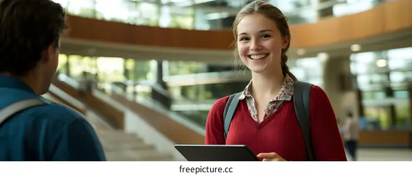 Smiling Student Girl Holding Tablet in College Building
