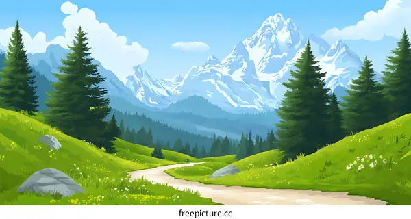 Scenic Mountain Path with Green Grass and Fir Trees