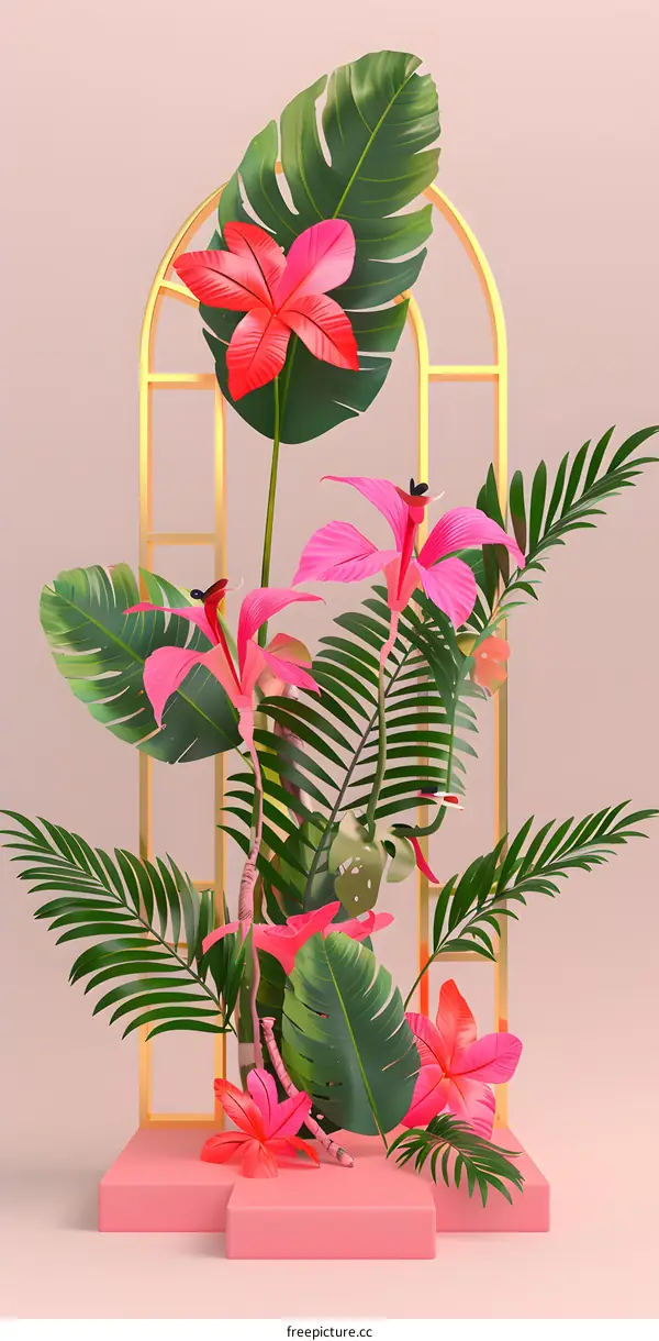 Tropical Floral Arrangement with Golden Frame and Pink Background