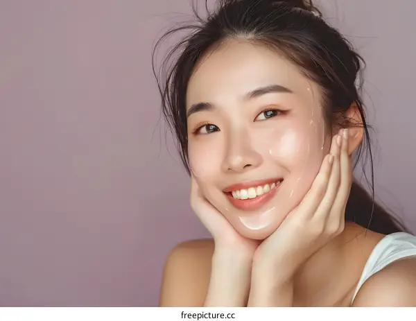 Smiling Asian Woman Applying Face Cream
