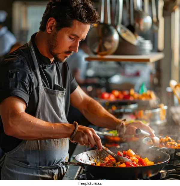 Focused male chef cooking in a busy restaurant kitchen