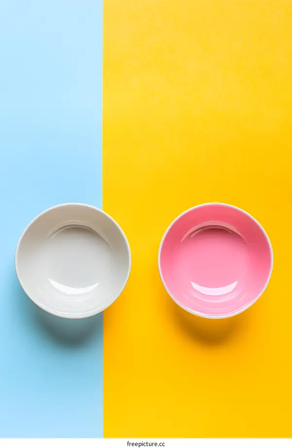 White and Pink Bowls on Blue and Yellow Background