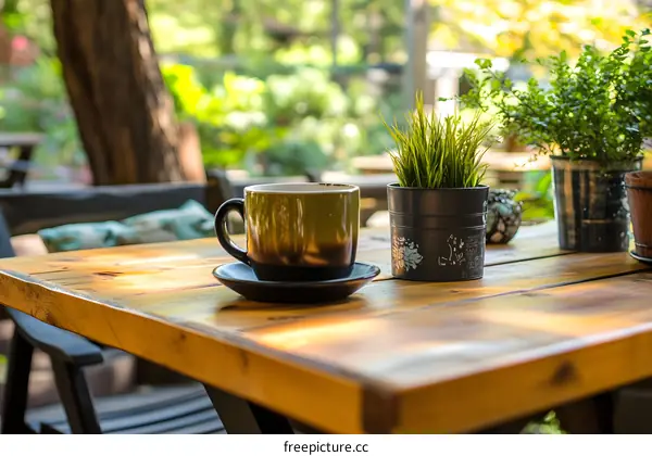Coffee Cup on Wooden Table with Plants in Pots